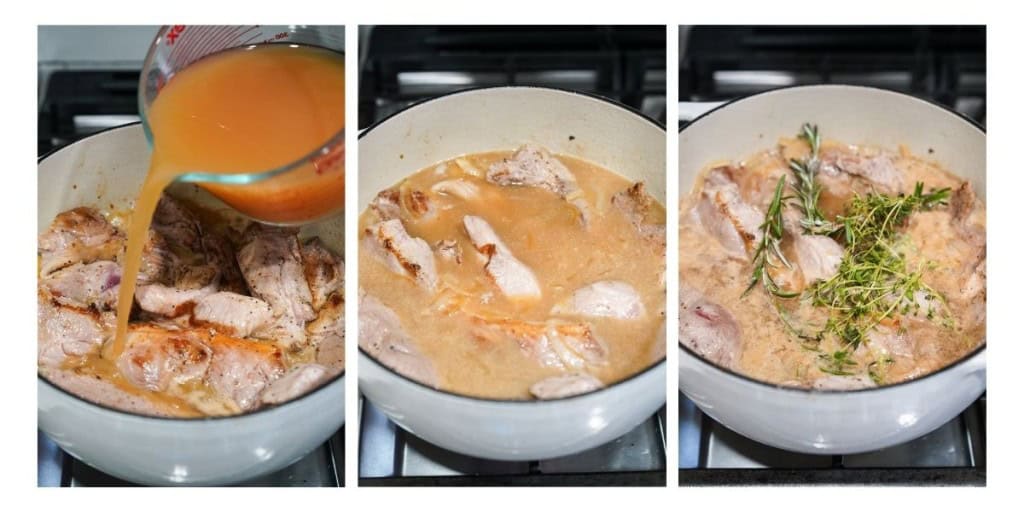Adding broth into a Dutch oven, then adding herbs