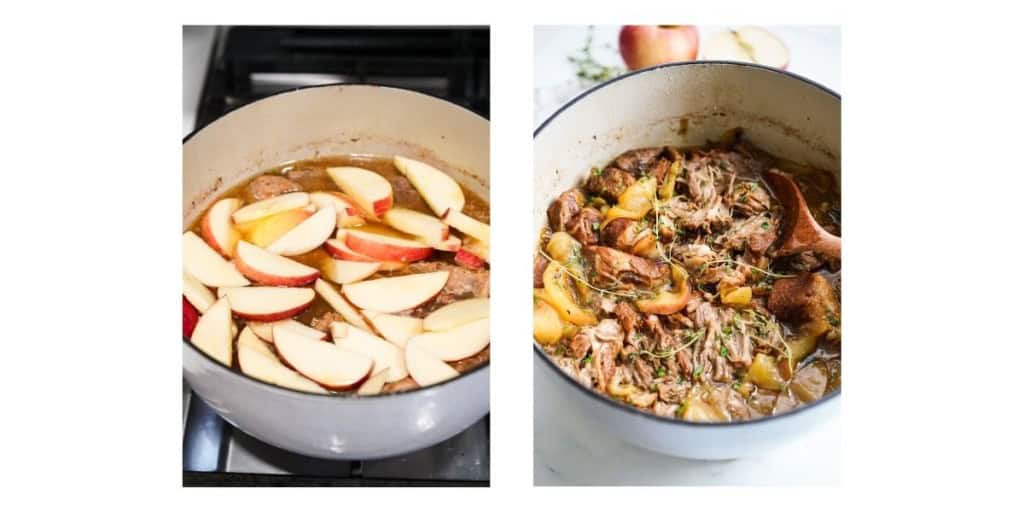 Sliced apples in the dutch oven with apple cider braised pork before and after cooking