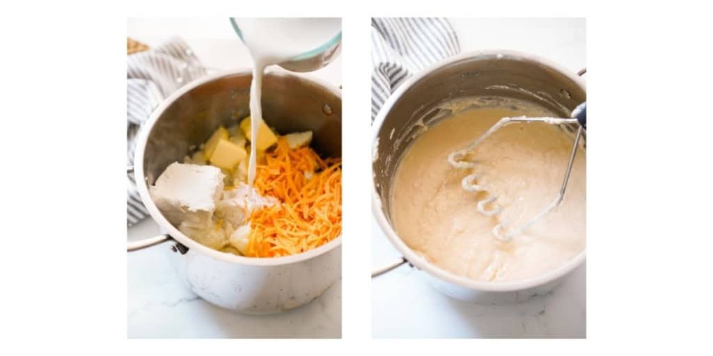 A round dish loaded with cheesy mashed potatoes with melted cheddar cheese on top