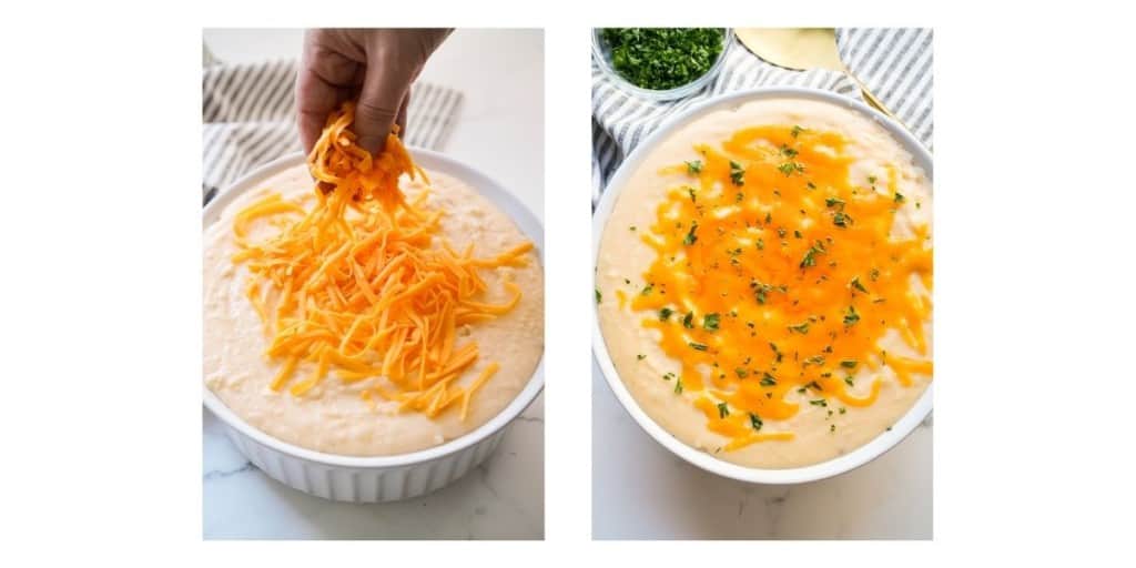 Sprinkling cheddar cheese on a bowl of mashed potatoes and then baking it to melt it