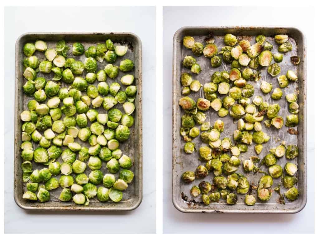 Halved Brussels sprouts spread out on a sheet pan before and after roasting