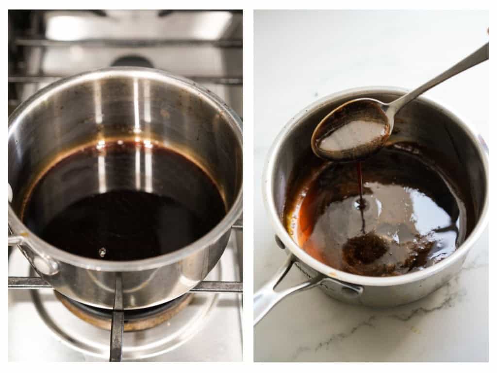 Making honey balsamic glaze in a pot until it turns thick and sticky