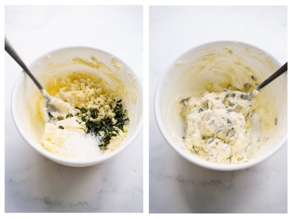 Combining softened butter with herbs, garlic and salt
