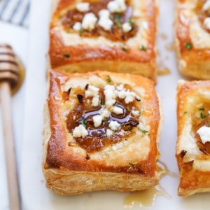 Caramelized Onion goat cheese on a puff pastry square