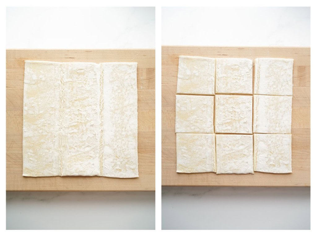 cutting a square puff pastry sheet into 9 squares