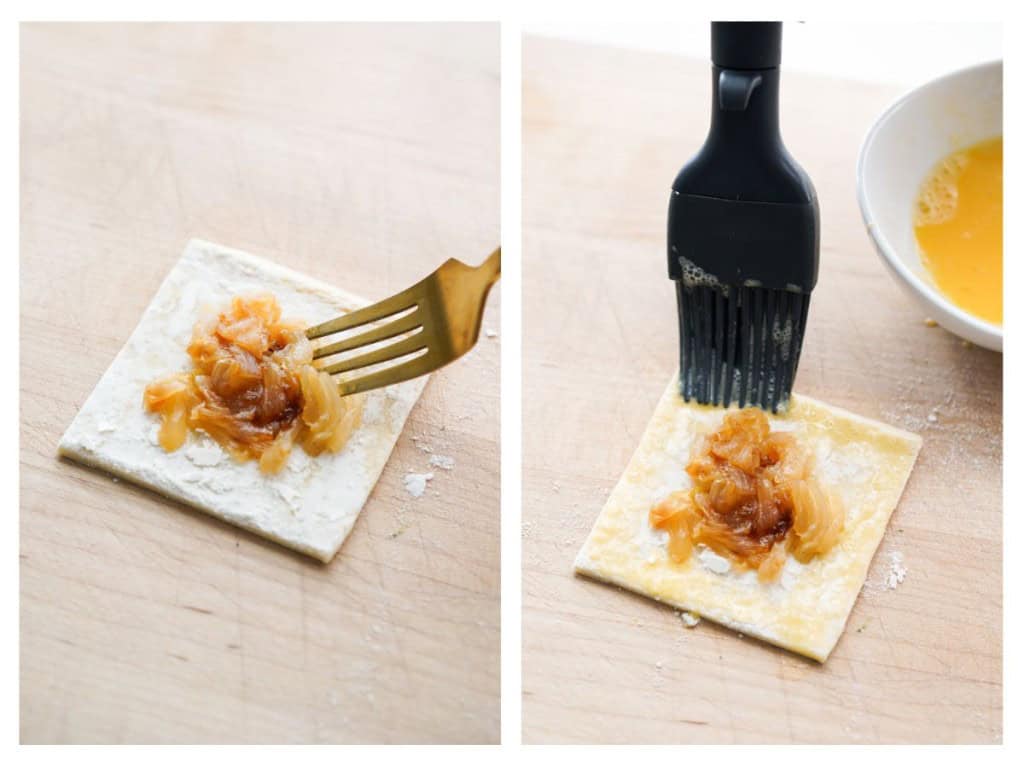 Adding caramelized onion to the center of a small puff pastry square, then brushing the sides with egg wash