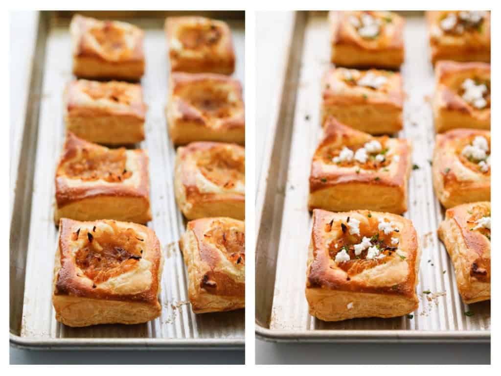 Caramelized onion puff pastry from the oven, then topped with crumbled goat cheese and chopped parsley