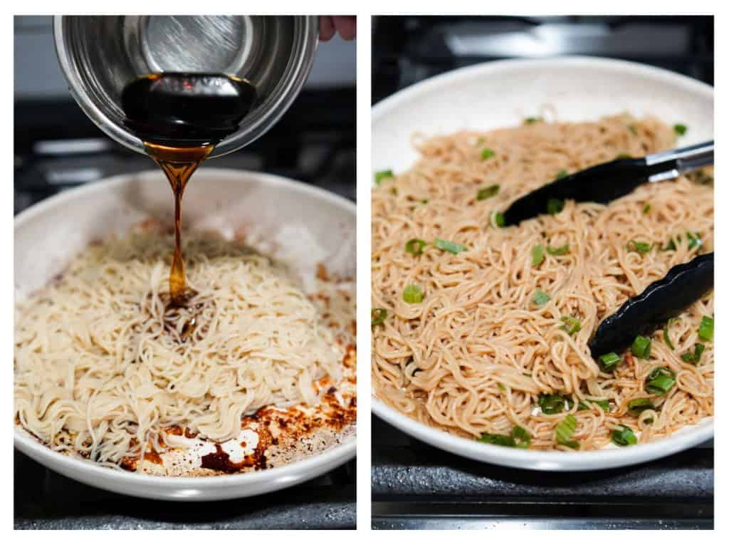 Pouring teriyaki sauce into a skillet of ramen noodles, then tossing them in sauce