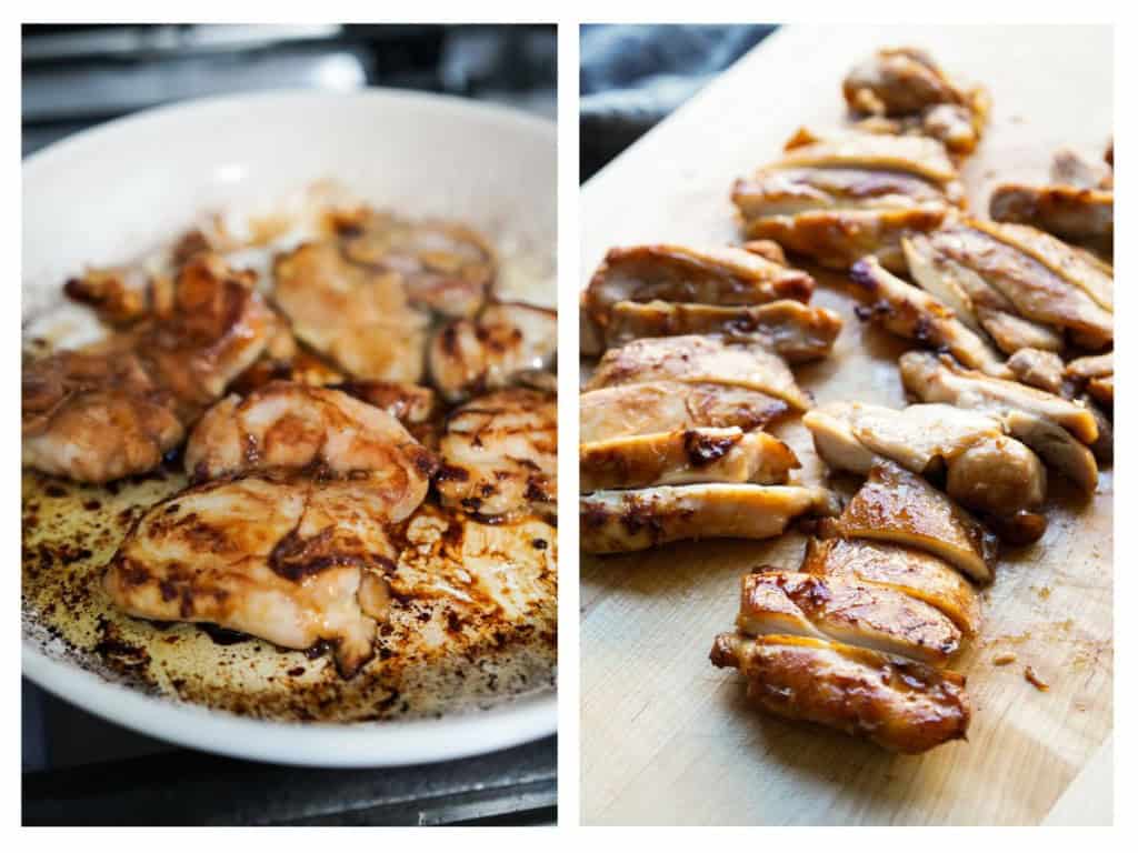 Searing teriyaki chicken in a skillet, then slicing them into smaller slices