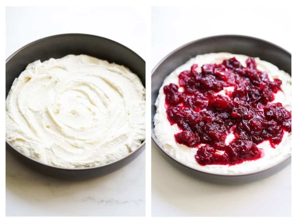 Whipped feta in a low bowl, then topped with cranberry sauce