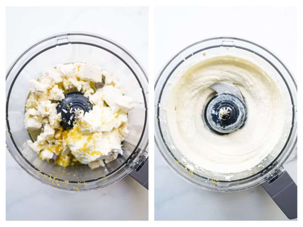 Feta cheese, Greek yogurt, lemon zest and olive oil in a food processor. Then it is pulsed until creamy