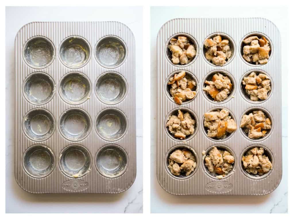 Muffin tins greased with butter, then cube bread in egg mixture are added to it