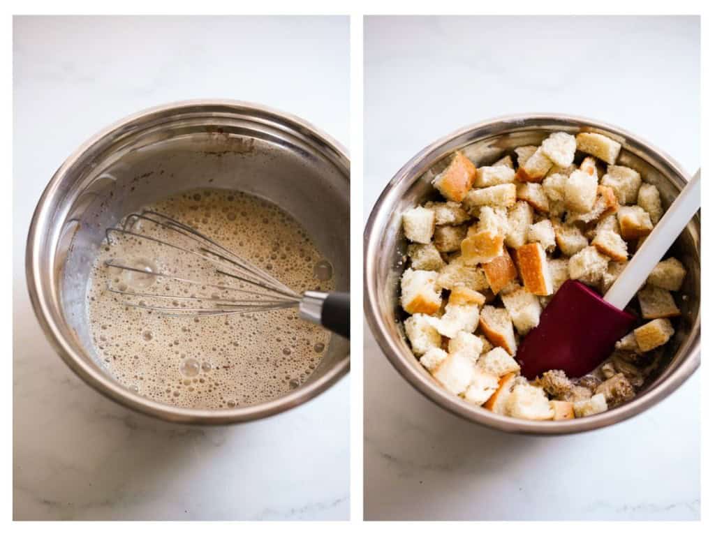 Egg mixture in a mixing bowl, then cube bread are added to it