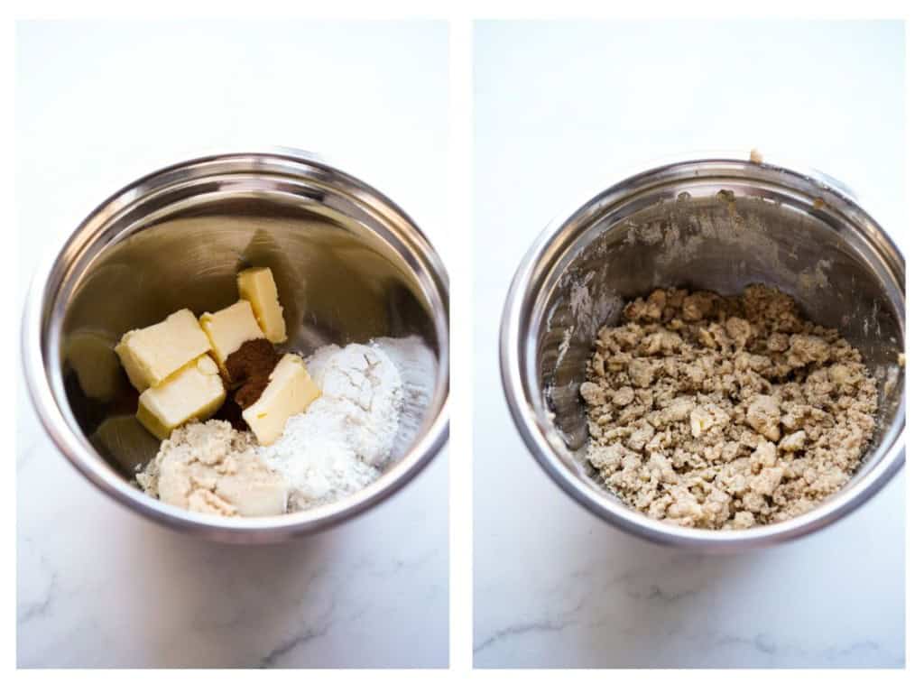 Cold butter, flour. brown sugar in a mixing bowl, then combined to form a crumble mixture.