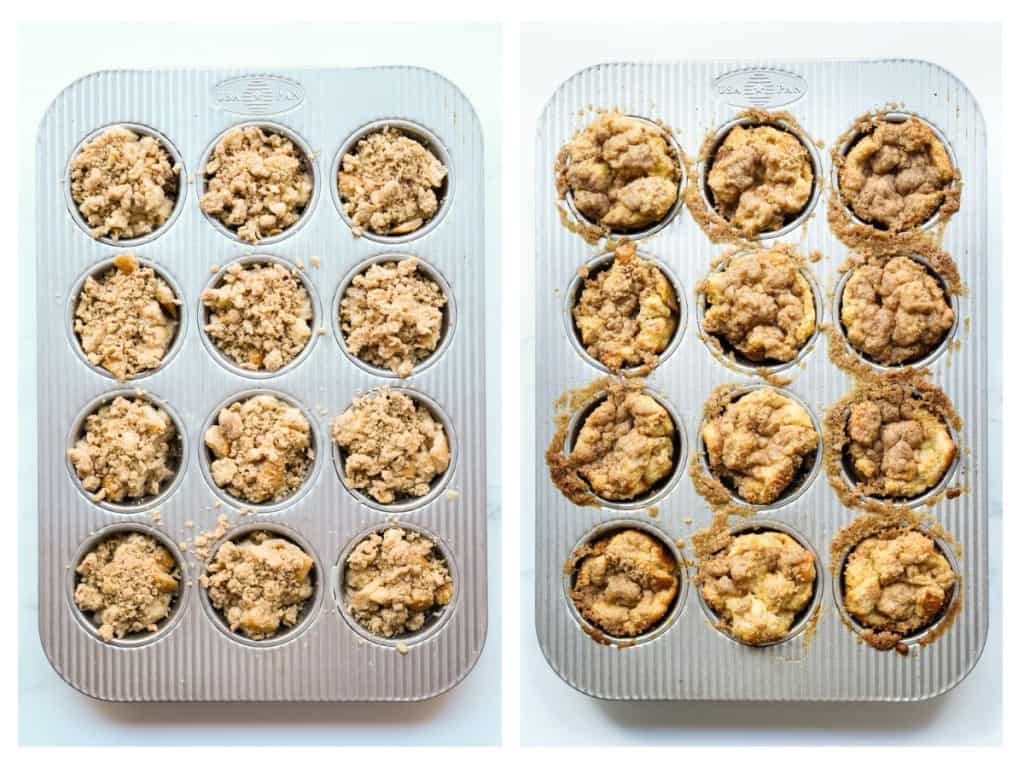 French toast muffins topped with crumb topping in a muffin tin before and after baking