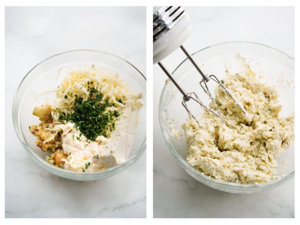 Mixing up roasted creamy garlic, cream cheese, mayo, mozzarella cheese, parsley and salt in a mixing bowl
