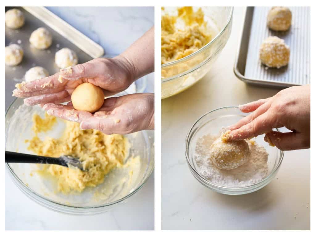 Rolling cookie dough into small balls with hands