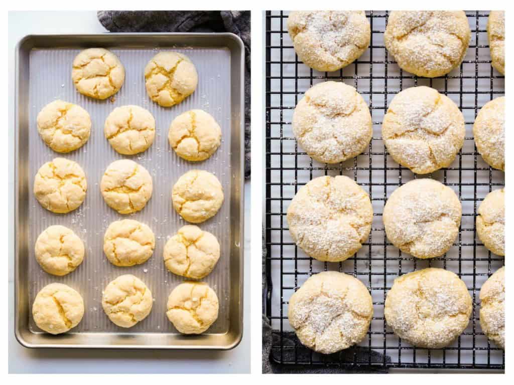 Crinkled gooey butter cookies fresh from the oven, then transferred to a cooling rack and topped with powdered sugar