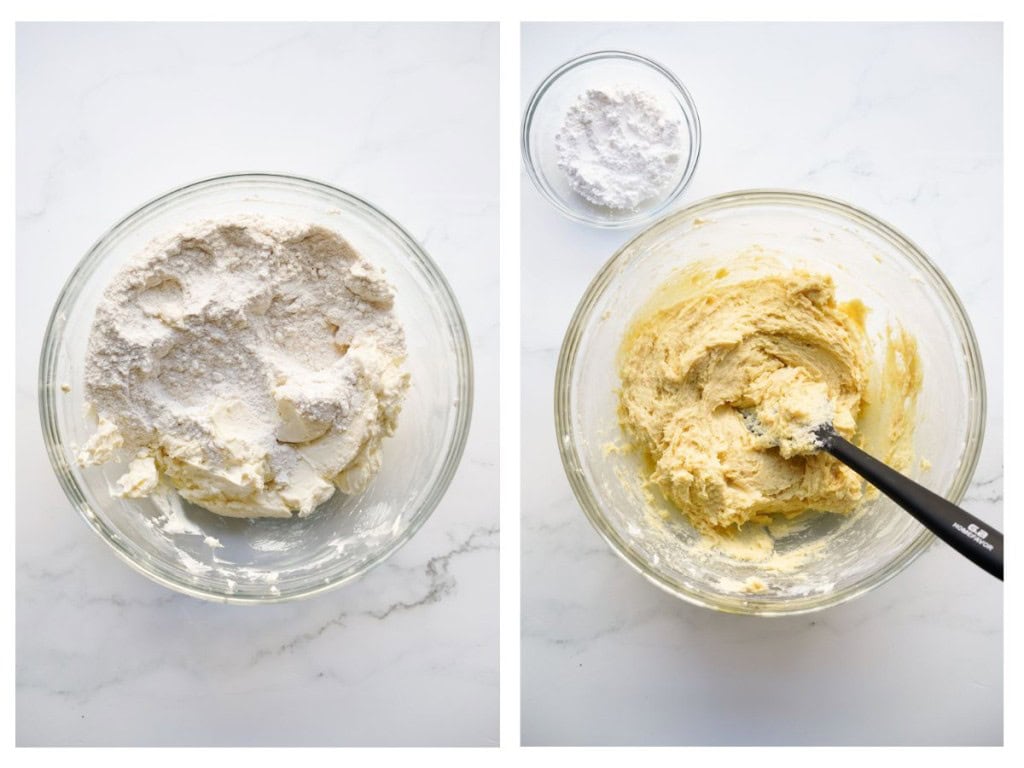 Adding cake mix into a combined wet mixture in a mixing bowl
