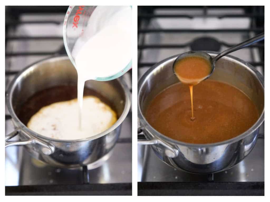 Pouring heavy cream into a pot and making toffee sauce