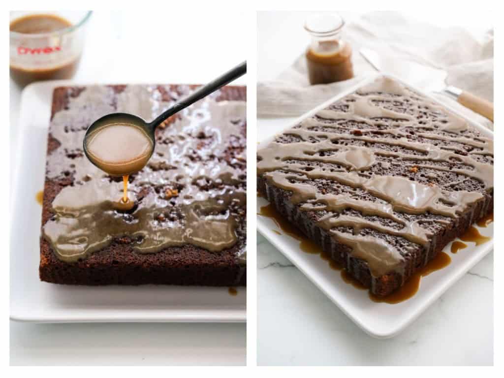 Drizzling sticky toffee sauce onto data cake