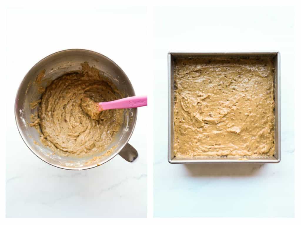Sticky data cake mixture in a mixing bowl, then transferred to a square baking pan