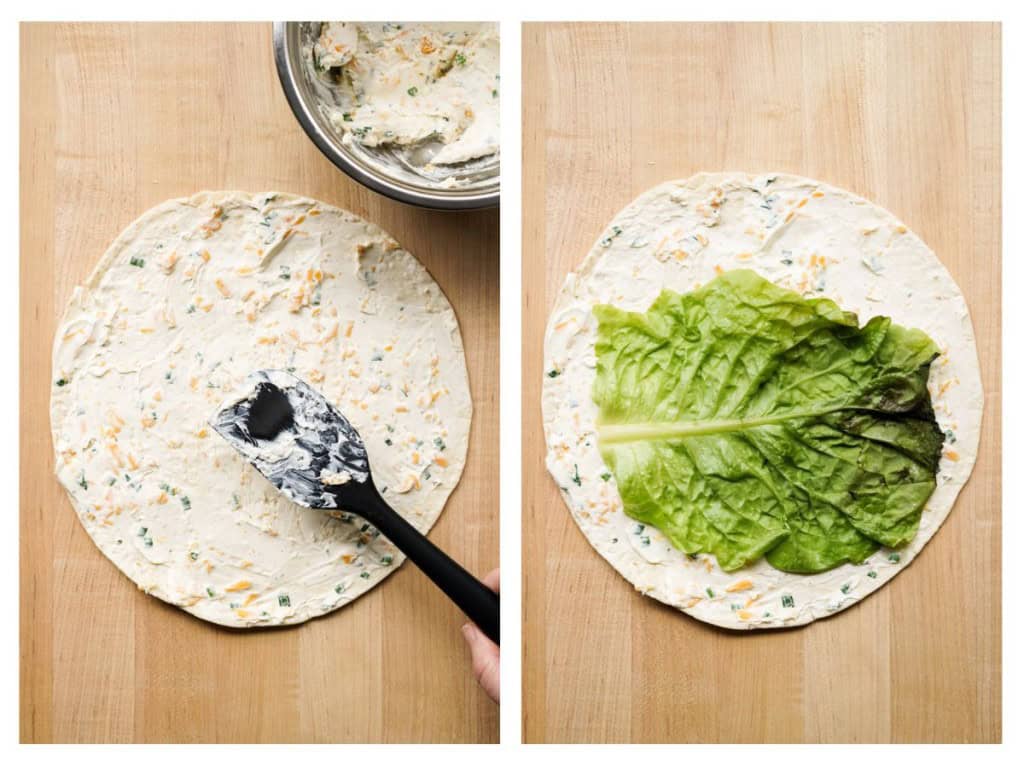 Spreading ranch cream cheese mixture onto tortilla, then adding lettuce