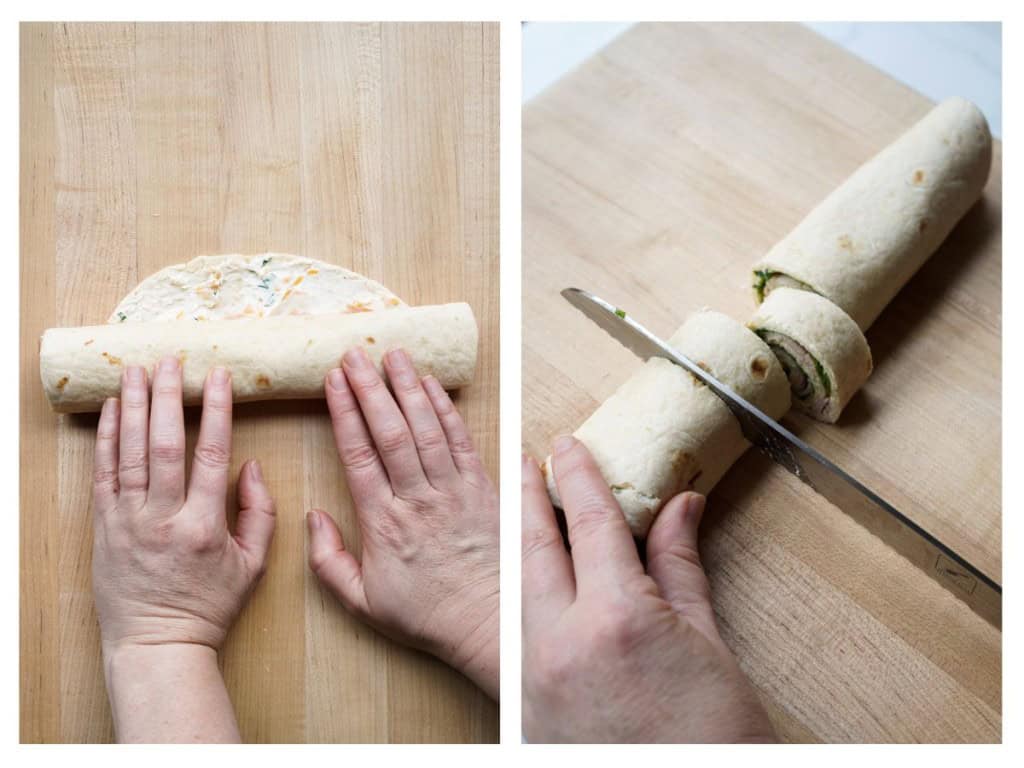 Rolling tortillas, and Slicing rolled up tortillas with a knife