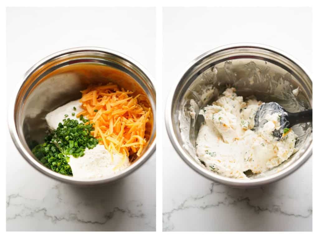 Cream cheese, cheddar cheese, chives and ranch dressing mix in a mixing bowl before and after mixing