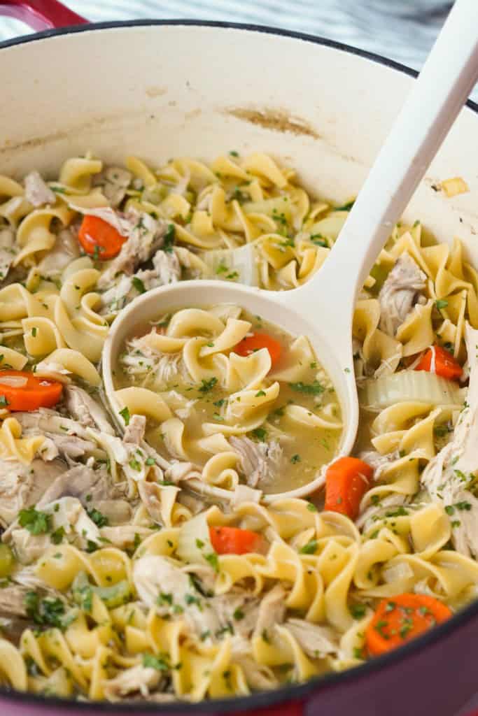 Ladle in a pot loaded with chicken soup with noodles and vegetables