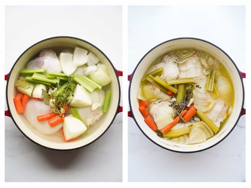 Before and after making chicken bone broth in a Dutch oven