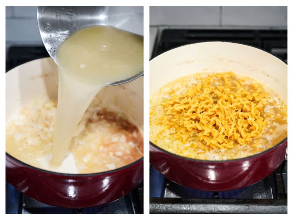 Adding broth to pot and then adding noodles