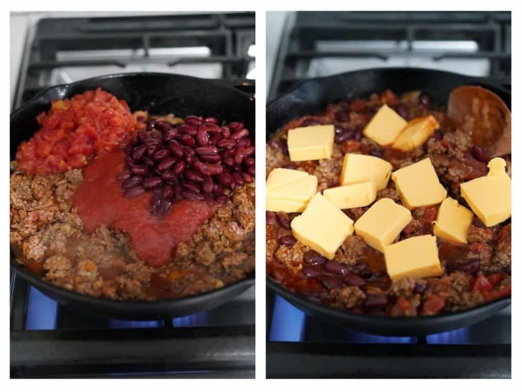 Adding tomatoes, Rotel and beans, then adding Velveeta cheese into chili cheese dip