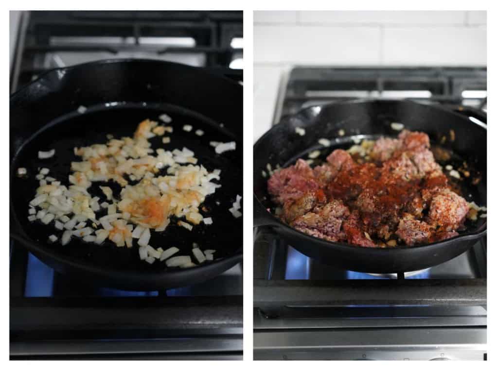 Searing garlic and onion on a cast iron skillet, followed by ground beef and spices