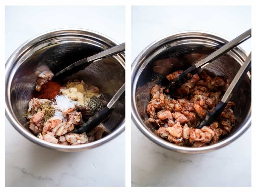 Tossing pieces of chicken in chipotle seasoning, salt, garlic powder, paprika, cumin
