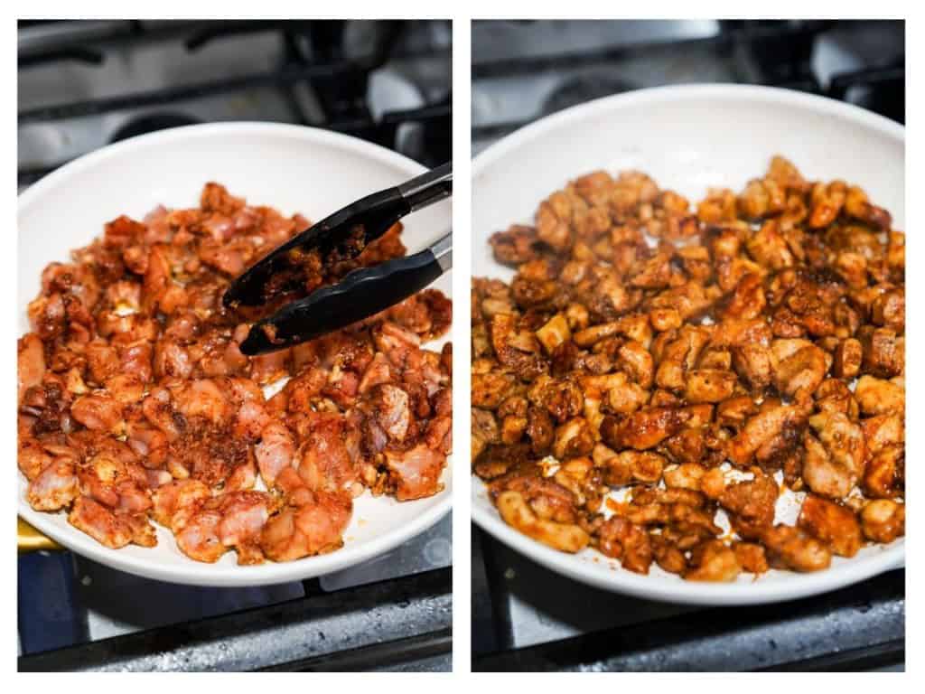 Searing chipotle seasoned chicken thighs pieces on a skillet on the stovetop