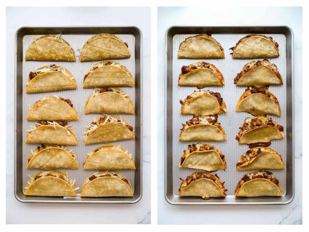 12 chipotle chicken tacos on a sheet pan before and after baking
