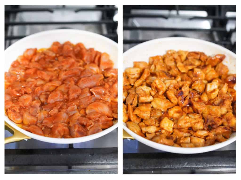 Searing chicken thigh pieces in Gochujang sauce