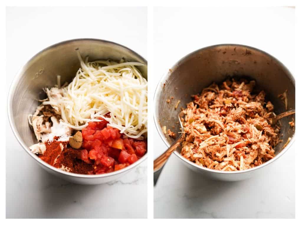 Shredded chicken, cheese, rotel, and spices added to a bowl and then mixed; ready to be places inside homemade chicken taquitoes.