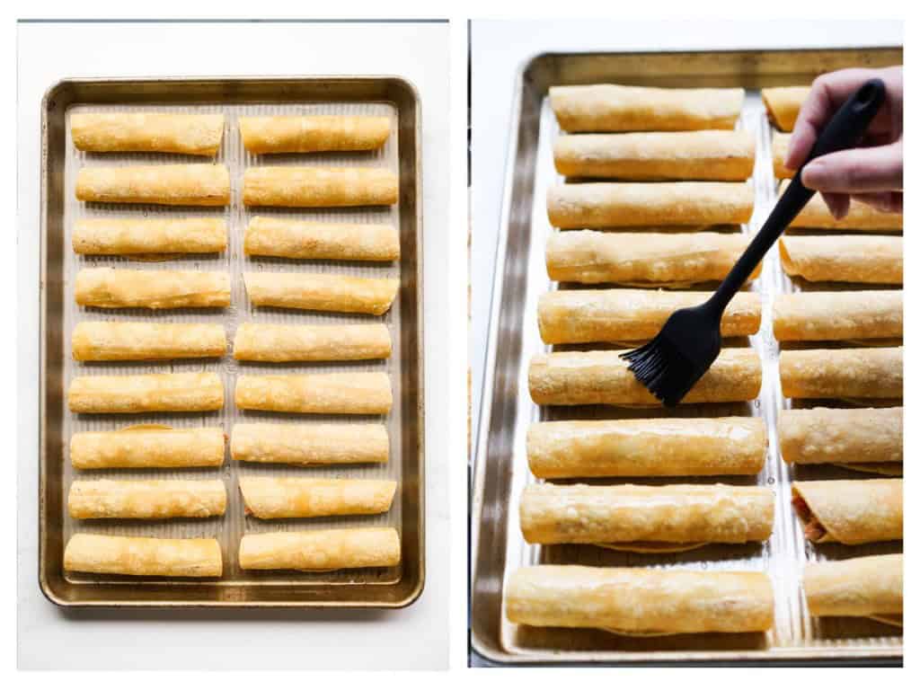 Place taquitos seam side down onto prepared sheet pan and then brush with cooking oil.