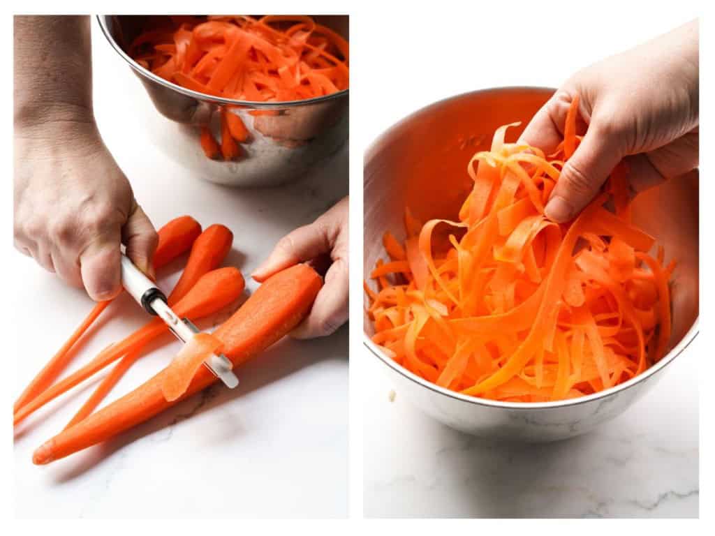Shave carrots into ribbons and add to bowl