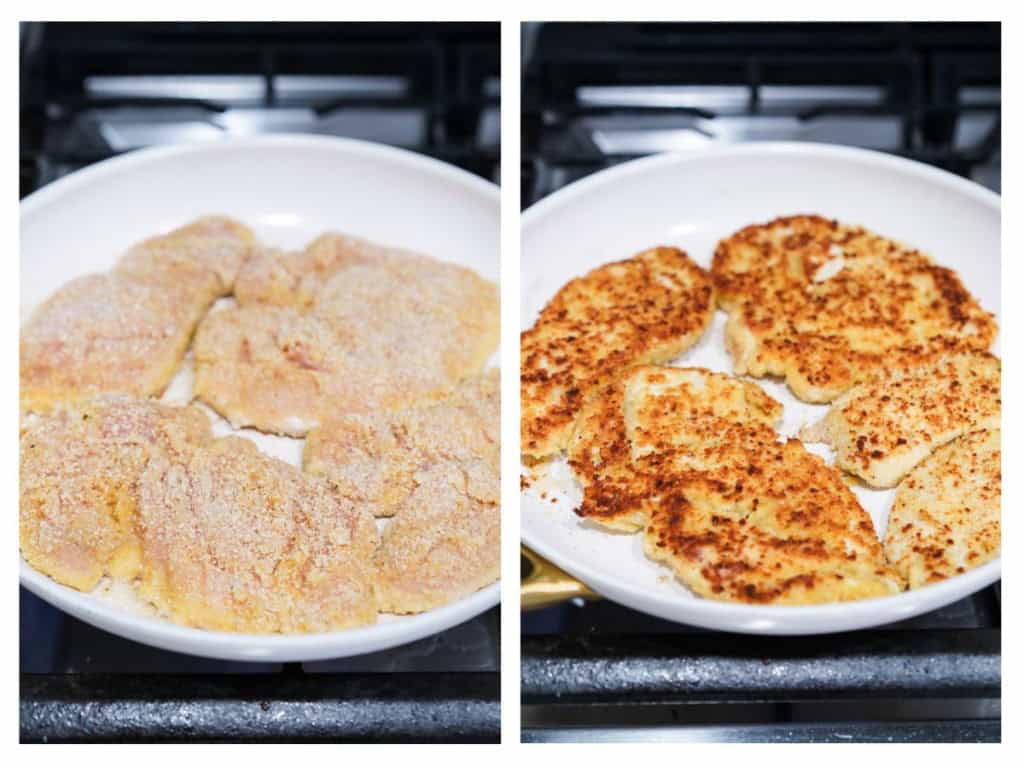 Searing chicken pieces on a skillet