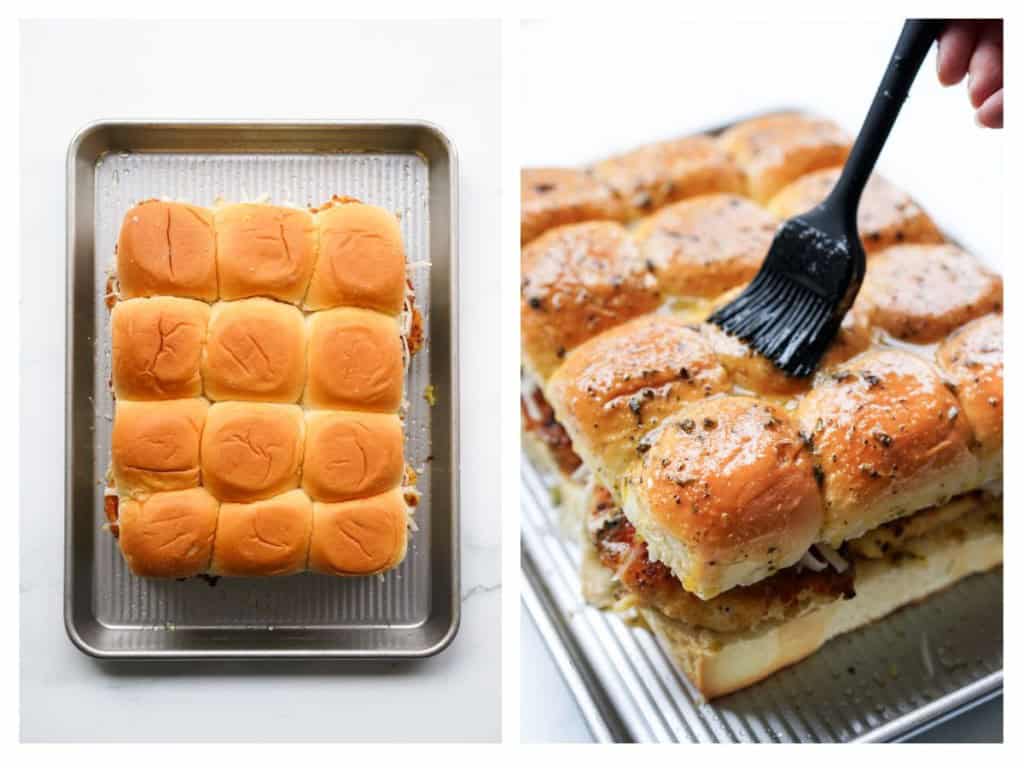 Covering chicken parm sliders with the top half of the buns, then brushing garlic herb butter onto it