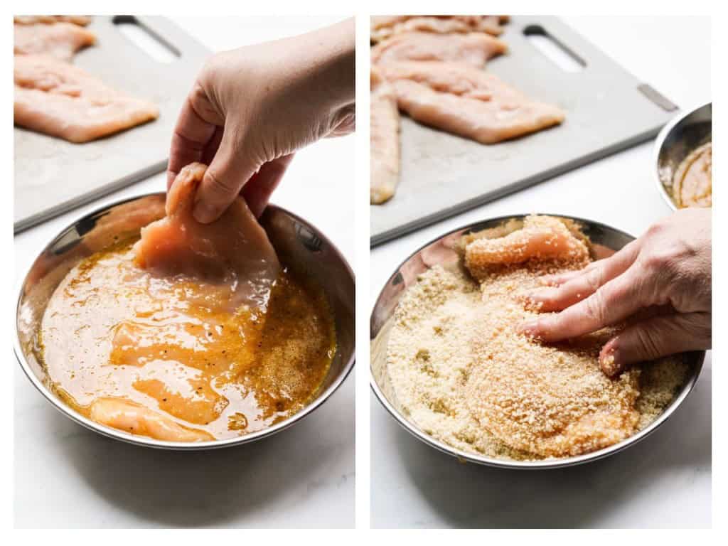 Dipping chicken in egg wash and then into breadcrumb mixture