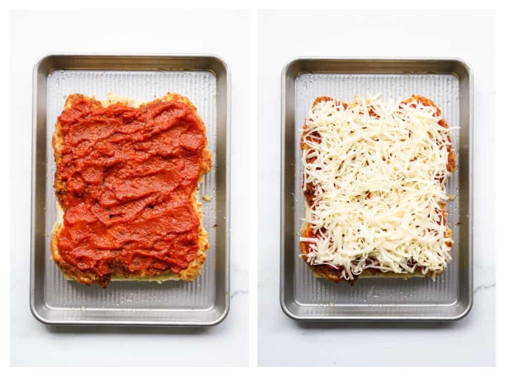 Adding marinara sauce to chicken, followed by shredded mozzarella cheese