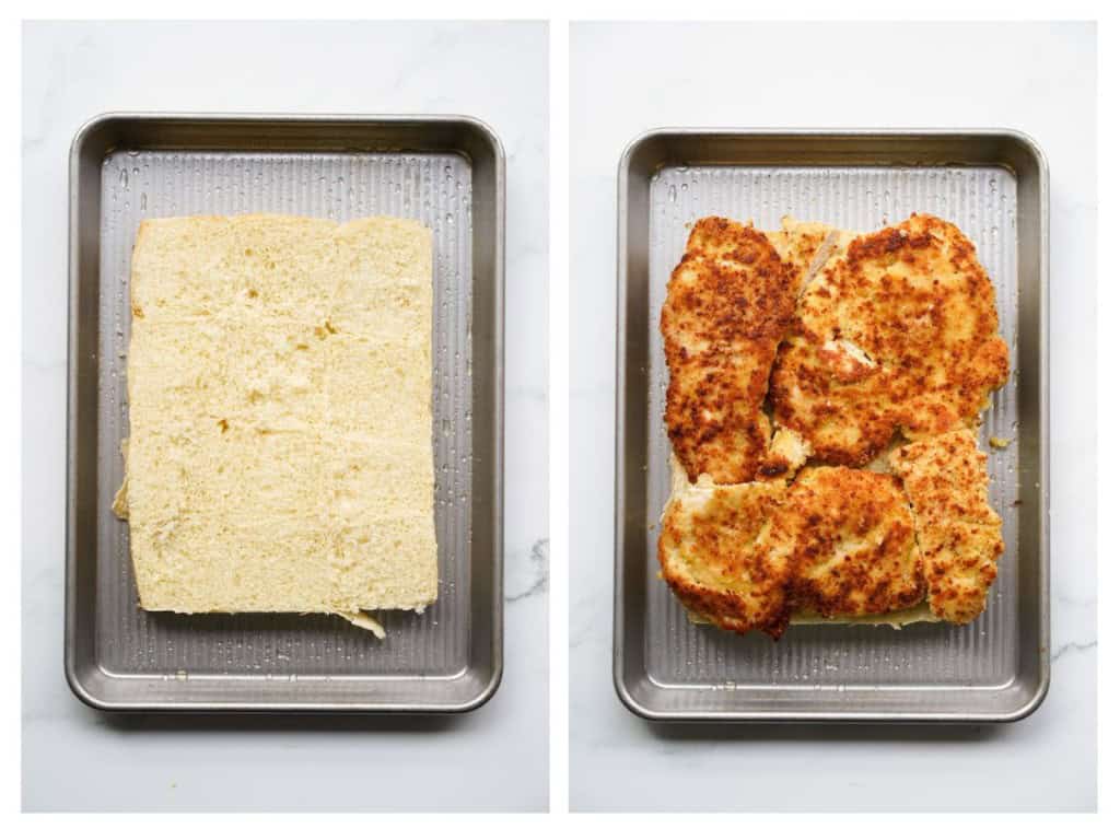 Placing breaded chicken parmesan cutlet on the bottom of the sliders