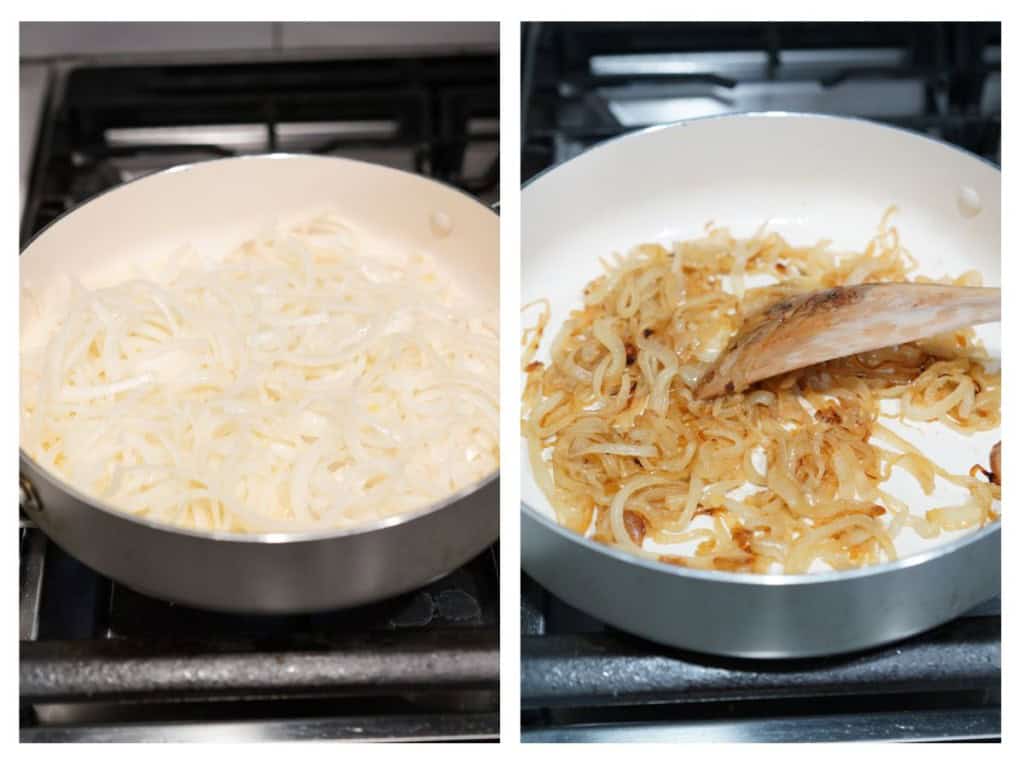Before and after caramelizing onions in a skillet