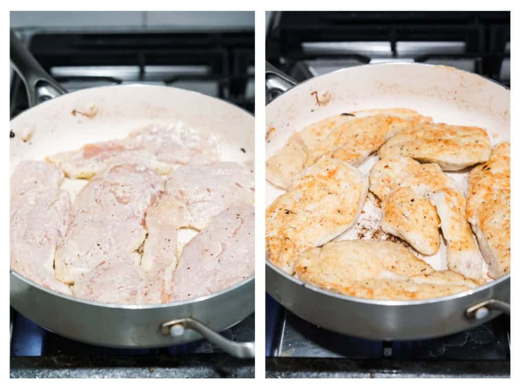 Searing flour coated chicken breast on skillet