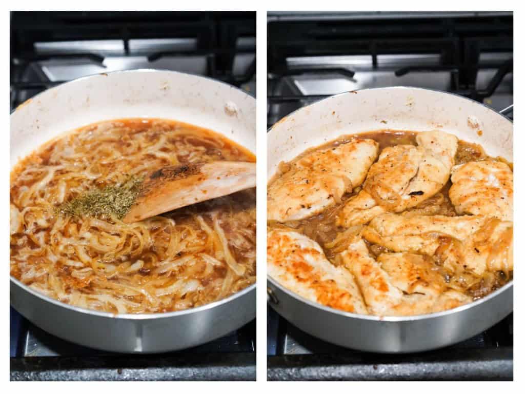 Adding chicken back into a skillet loaded with French onion sauce.