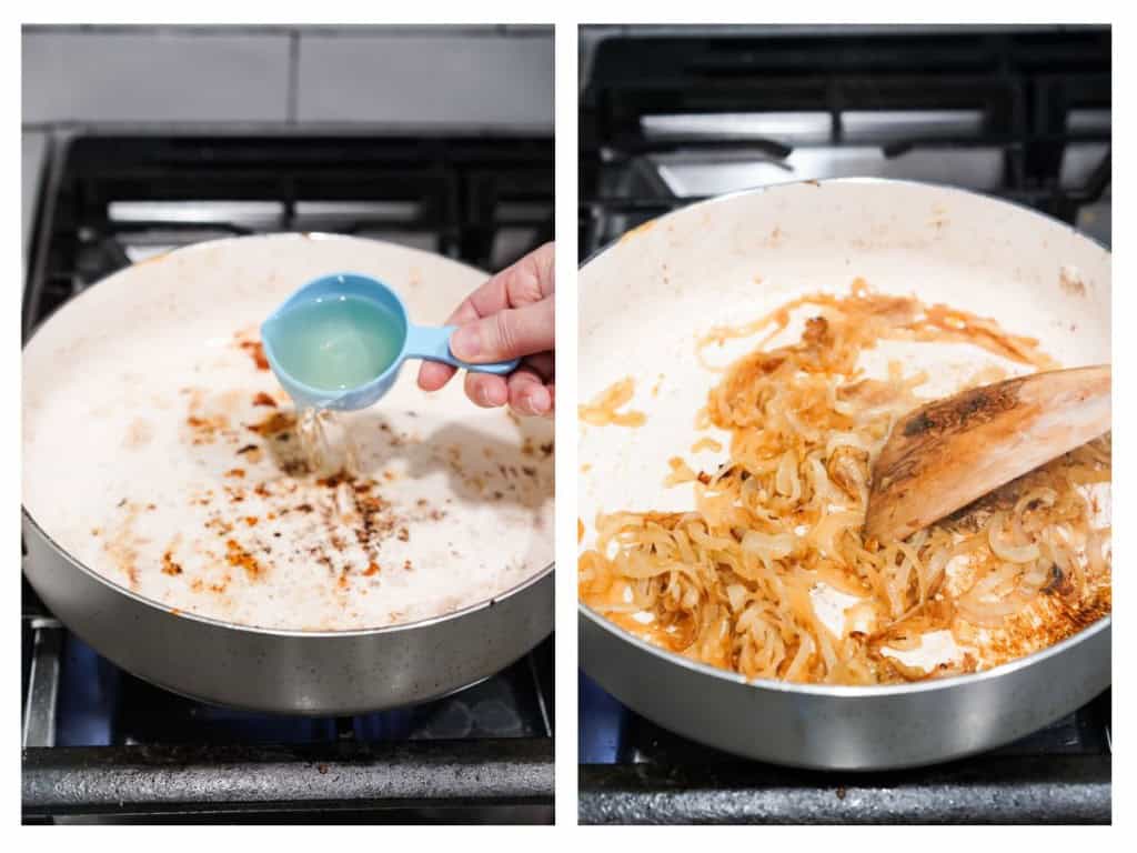 Deglazing skillet with white wine, followed by adding caramelized onions back into the skillet